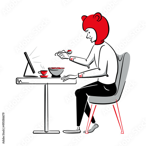 man eats with a smartphone
