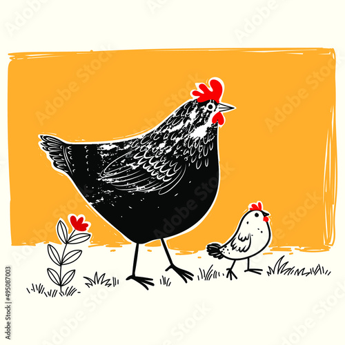 Chicken, rooster, hen cartoon drawing vector illustration.