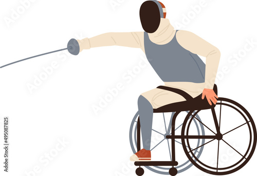 Male Disabled Athlete in Wheelchair Fencing Cartoon Illustration