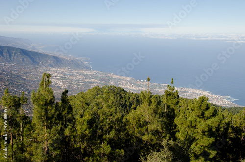 North of Tenerife and the island of La Palma covered by a cloud of ash from the Cumbre Vieja volcano. Tenerife. Canary Islands. Spain.