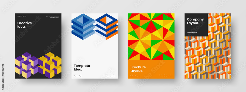 Amazing pamphlet vector design concept bundle. Isolated mosaic tiles leaflet layout set.