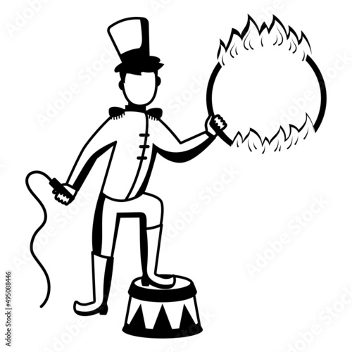 Ringmaster Performing and Holding Rope Vector Icon Design, Circus characters Symbol, Carnival performer Sign, Festival troupe Stock illustration, Circus Ring of Fire Hoop Concept