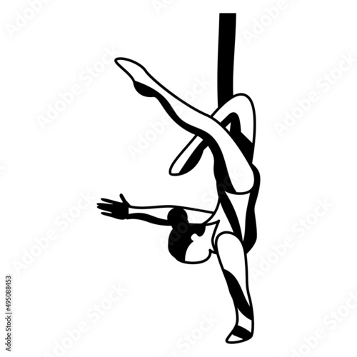 Women Stretching Hanging Upside Down Concept, anti gravity exercise by antitrapeze artist Vector Design, Circus characters Symbol, Carnival performer Sign, Festival troupe Stock illustration, 