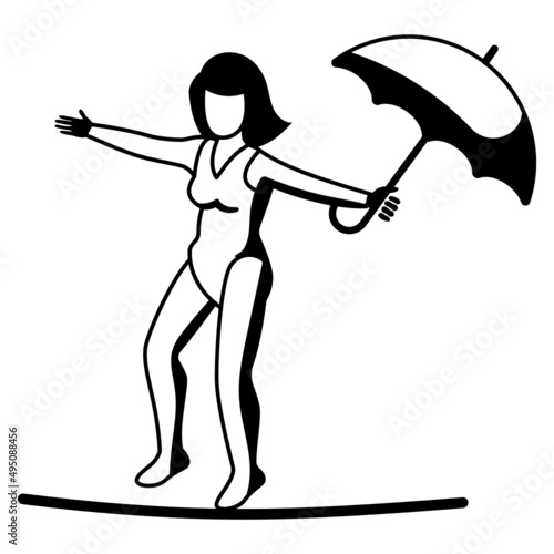 Funambulism Vector Icon Design, Circus characters Symbol, Carnival performer Sign, Festival troupe Stock illustration, female tightrope walker holding an umbrella Concept