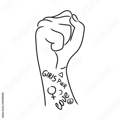 Female hand with fist raised up vector outline illustration isolated on white background . Female hand with tattoo, Concept of equality,girls power and womens strength.
