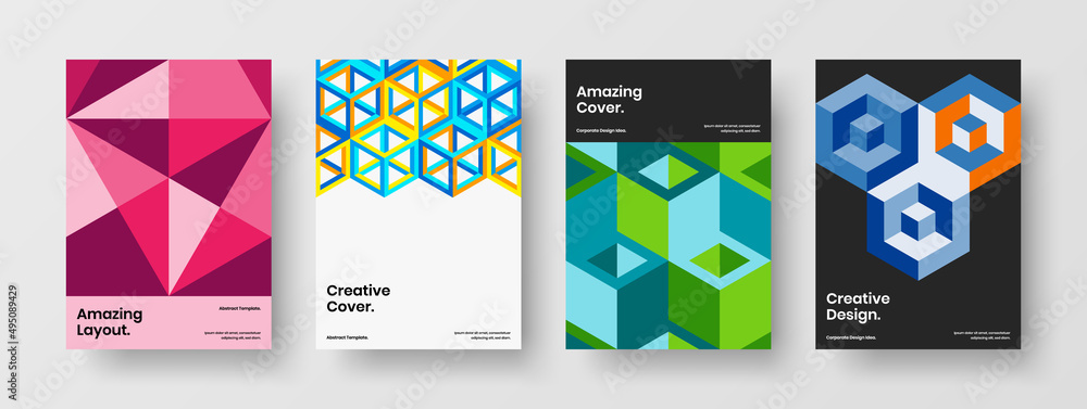 Colorful banner A4 vector design layout bundle. Multicolored mosaic hexagons cover template composition.