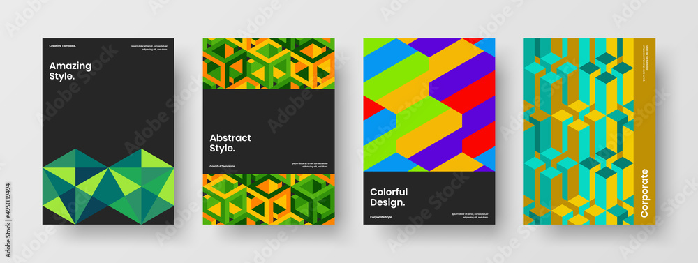 Vivid handbill A4 design vector concept composition. Colorful geometric pattern placard illustration bundle.