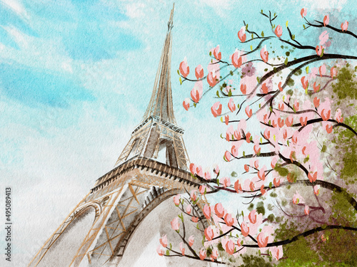 Water color painting. Eiffel tower in spring season landmark of Paris ,France