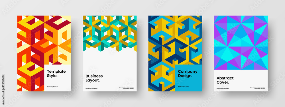 Trendy company brochure design vector illustration set. Original mosaic tiles booklet concept bundle.