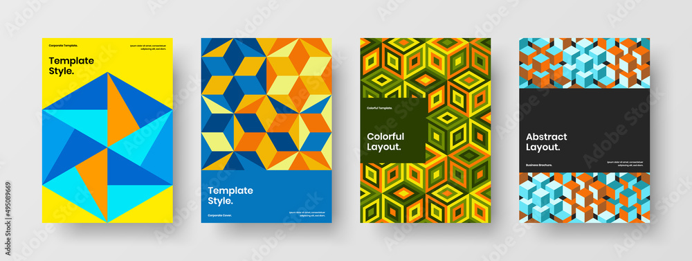 Fresh mosaic hexagons corporate identity concept set. Original leaflet vector design layout bundle.