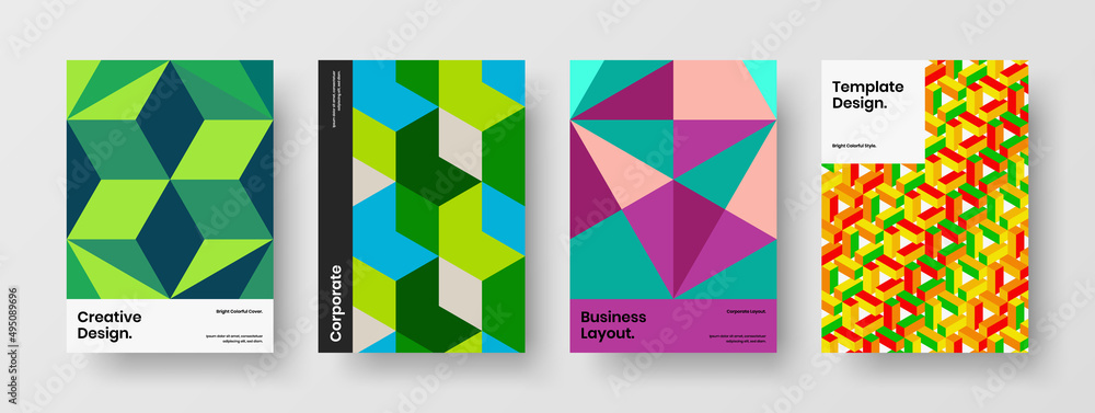 Unique cover A4 vector design layout set. Fresh mosaic pattern pamphlet illustration bundle.