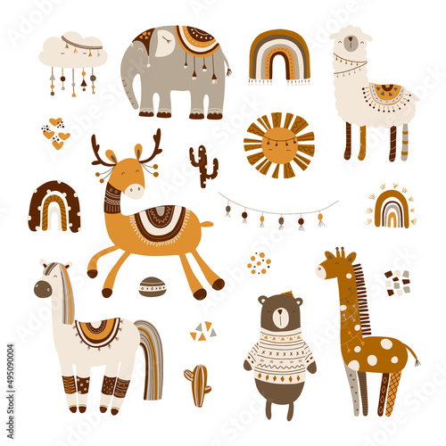 Set of cute animals. Drawn by hand. Doodle cartoon animals for children's posters, postcards, children's t-shirts. Vector illustration. Bear, giraffe, llama, horse, deer, elephant.
