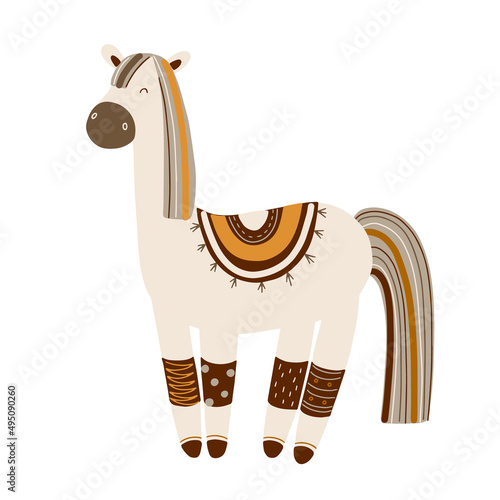 Cute horse in Scandinavian style on a white background in warm colors, vector illustration