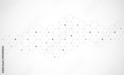 Hexagons pattern on gray background. Genetic research, molecular structure. Chemical engineering. Concept of innovation technology. Used for design healthcare, science and medicine background