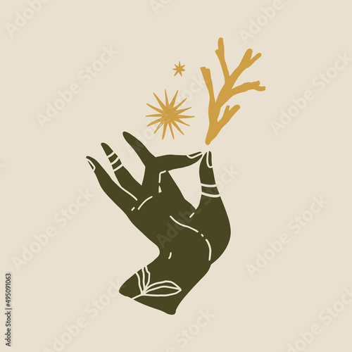 Magic alchemy green hand herbalist green witch vector illustration