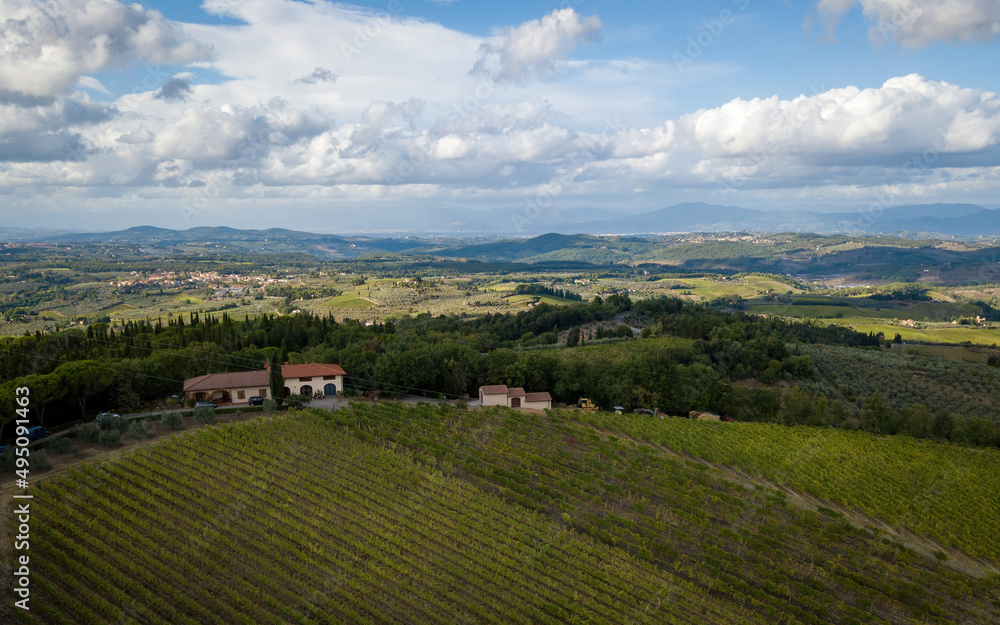 Fototapeta premium Views of Tuscany vineyards. Aerial drone photo, Tuscany, Italy