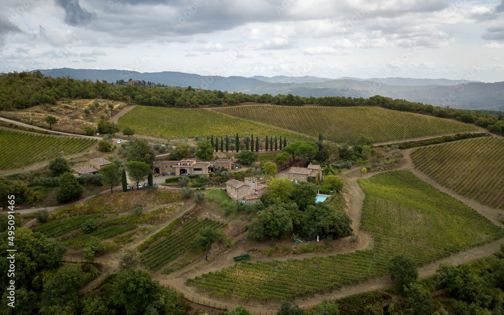 Views of Tuscany vineyards. Aerial drone photo, Tuscany, Italy