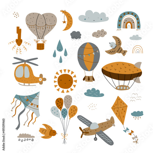 Children's vector illustration of air transport: airplane, helicopter, hot air balloon and kite isolated on white background