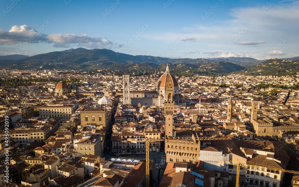 Florence town and cathedral from above. Aerial drone photo, Florence, Italy