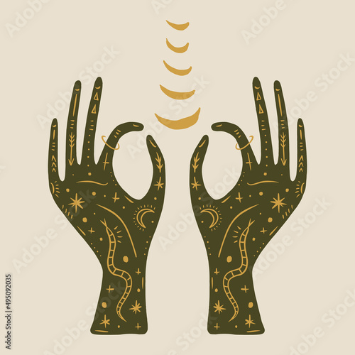 Magic alchemy green hand herbalist green witch vector illustration