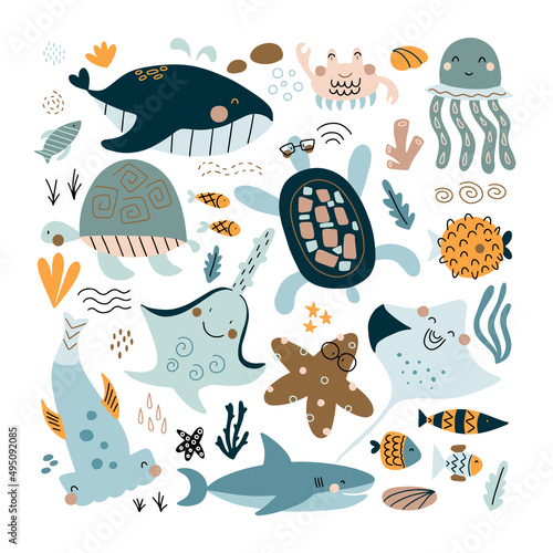 Set with hand drawn sea life elements. Vector doodle cartoon set of marine life objects for your design.