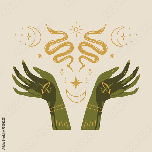 Magic alchemy green hand herbalist green witch vector illustration