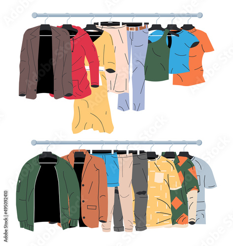 Mens and Womans Clothes on Hanger. Home or Shop Wardrobe. Clothes and Accessories. Various Hanging Clothing. Jacket, Shirt, Jeans, Pants. Cartoon Flat Vector Illustration