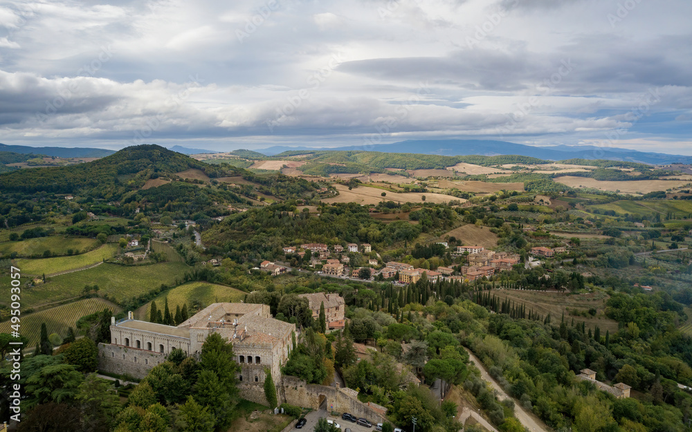 Views from a small historical town Civita di Bagnoregio from above. Aerial drone photo, Montepulciano, Italy