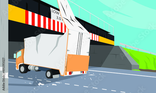 The driver did not calculate the height of the car and it crashed into the bridge. Vector illustration.