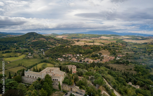 Views from a small historical town Civita di Bagnoregio from above. Aerial drone photo, Montepulciano, Italy