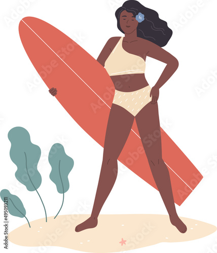 African American Woman with Surfboard Cartoon Illustration