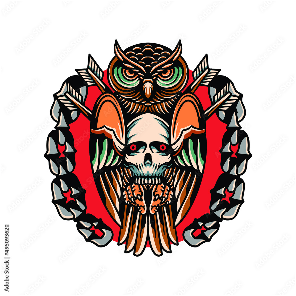 owl and chains tattoo vector design