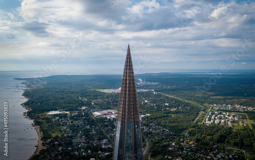 Lakhta Center skyscrapper from above. Aerial drone photo, St. Petersburg, Russia photo