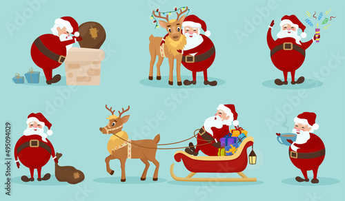 Collection of Christmas Santa Claus and reindeers. Set of funny cartoon characters with different situations. Flat style. Vector illustrations isolated on light blue background. 