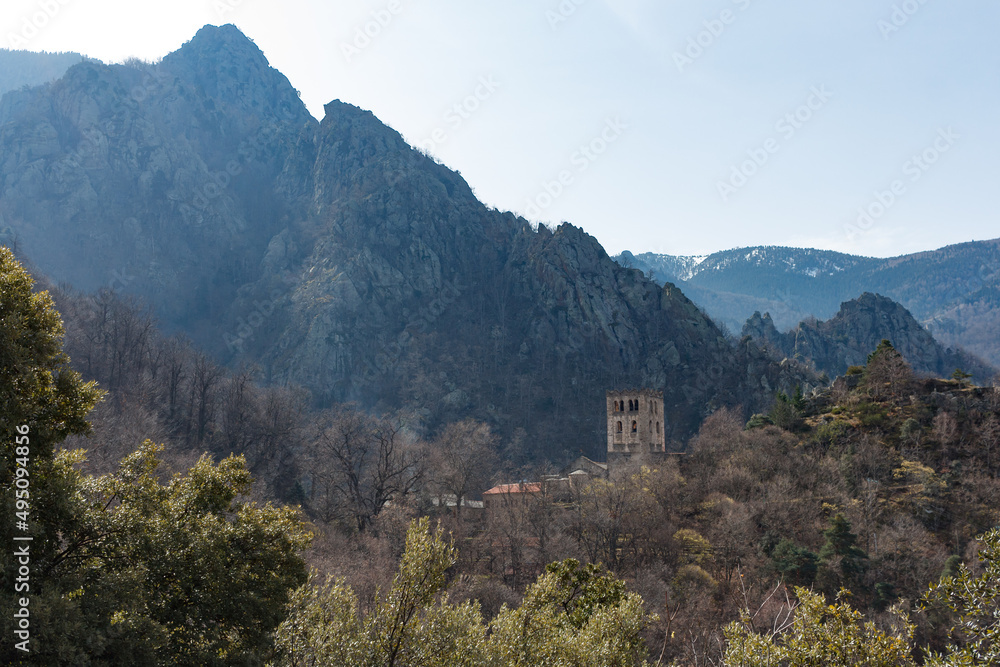 aerial view of the abbey of St Martin du Canigou from the top of the mountain