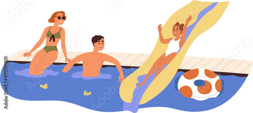 Happy Family in Aquapark Together Cartoon Illustration