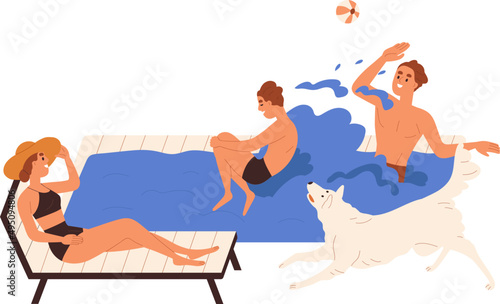 Happy Family Having Fun in Pool Cartoon Illustration