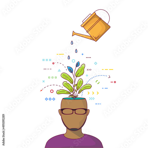 Mental health concept. Man's head with flower growing, and full of thoughts. Black man and ideas from head. Watering Can watering flower grow inside people head. Psychology and mindset concept.