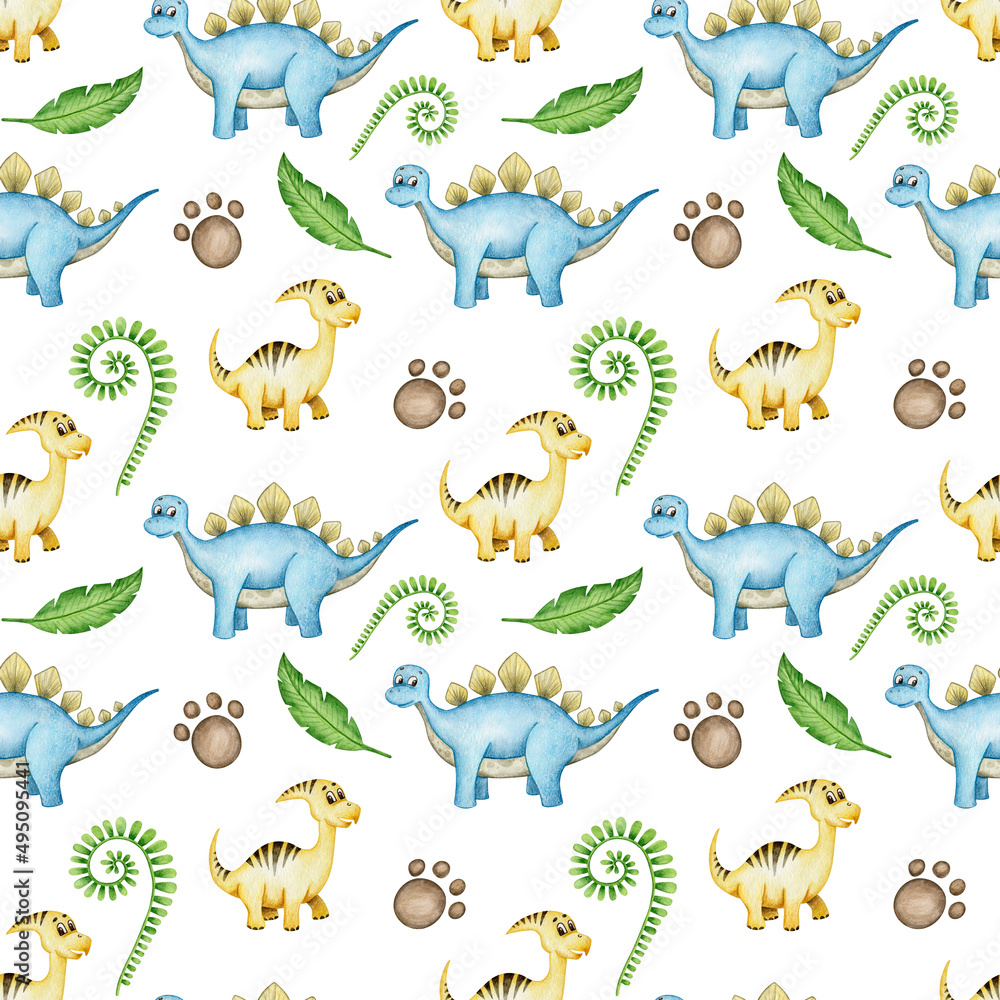 Fototapeta premium Watercolor cute dinosaur child seamless pattern. Hand drawn elements kids dino, footprint, tropical leaves wallpaper. Isolated on white background.