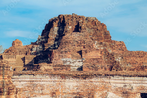 A closer look at the ruins of Wat Chaiwatthanaram  one of the most famous archaeological site in Ayutthata Historical Park in Thailand