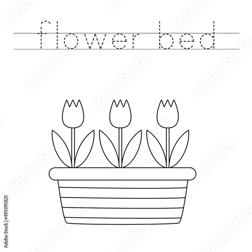 Trace the letters and color cartoon flower bed. Handwriting practice for kids.