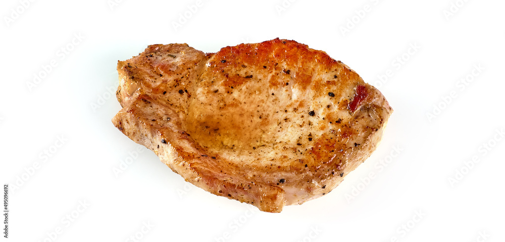 Grilled juicy pork steak, close-up, isolated on white background. Grilled juicy pork steak, close-up, isolated on white background.