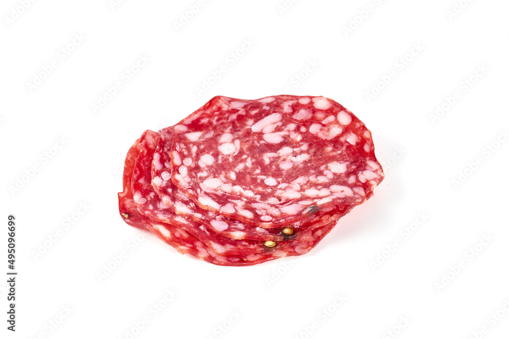 Italian Salami with basil leaves, isolated on white background. Italian Salami with basil leaves, isolated on white background.