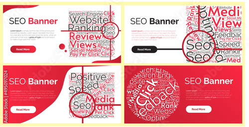 SEO or Seach Engine Optimization related 4 banner set with related word clouds vector illustration.