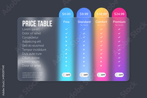 Glass morphism. Pricing plans for websites and applications. Dark modern pricing table. Tablet Hosting table banner. Dark template.