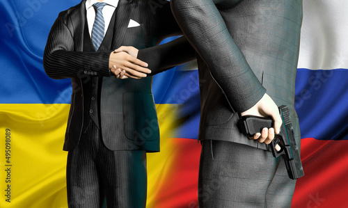 Canvas Print Ukraine Russia Conflict Handshake Betrayal Hidden Gun War Flag 3D Graphic Illust