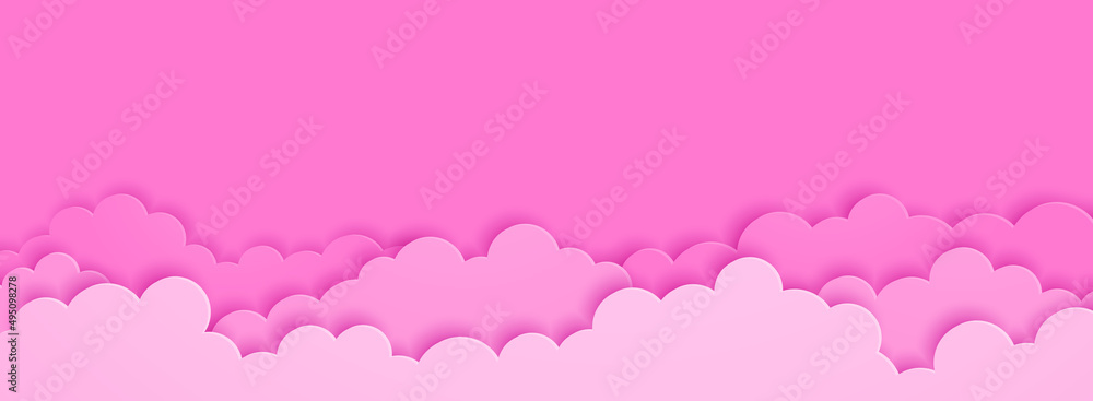 Pink clouds on pink sky background paper cut style