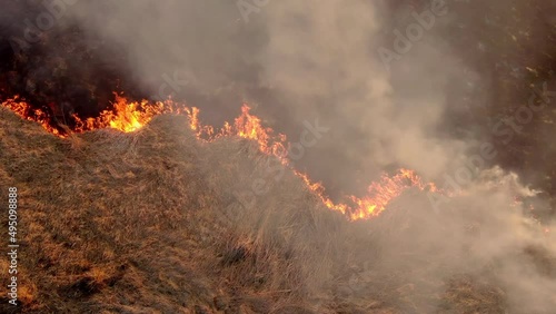 Aerial top view of a grass fire. Fly over Wild fire. Flying above burnt field. Environmental issues. Ecology concept. California wildfires. Fire in united states of America