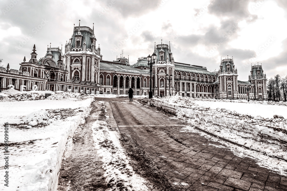View on Tsaritsyno covered with the snow in dramatic style