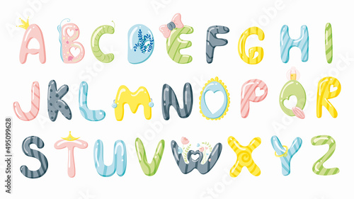 English alphabet Candy letters for children learning. Children's alphabet for girls. Set of colored delicate sweets with highlights.